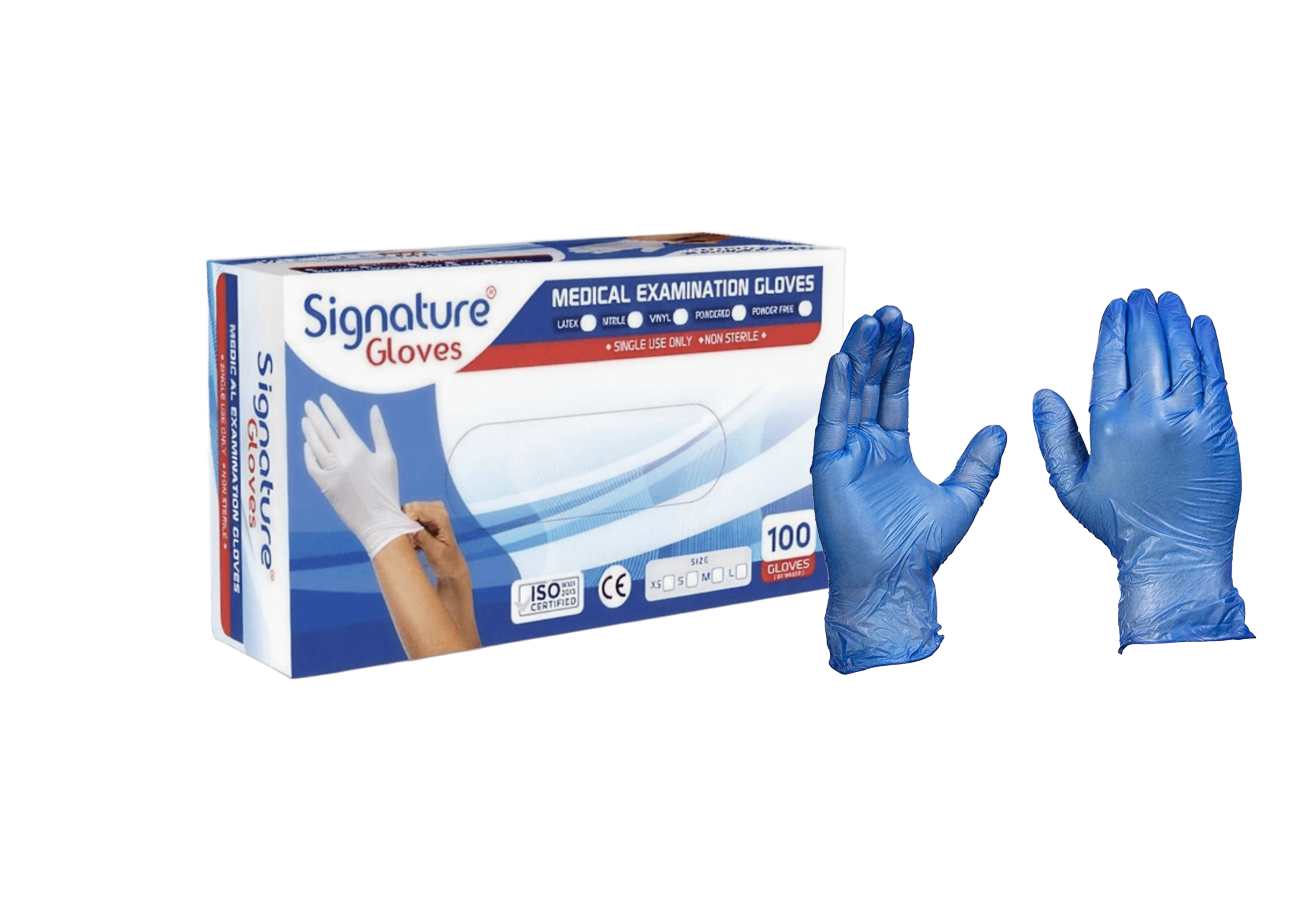 Blue vinyl examination gloves